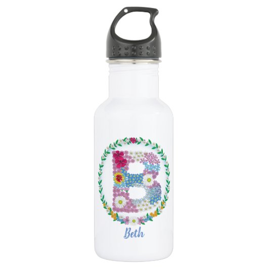 Bouteille D'eau Lettres de fleurs Initiale "B" avec nom personnali (Devant)