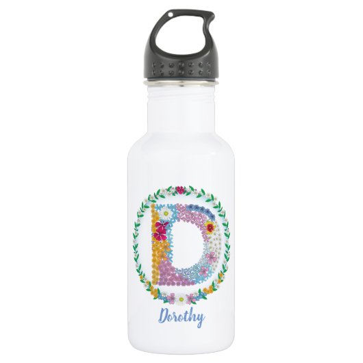 Bouteille D'eau Lettres de fleurs Initiale "D" avec nom personnali (Devant)