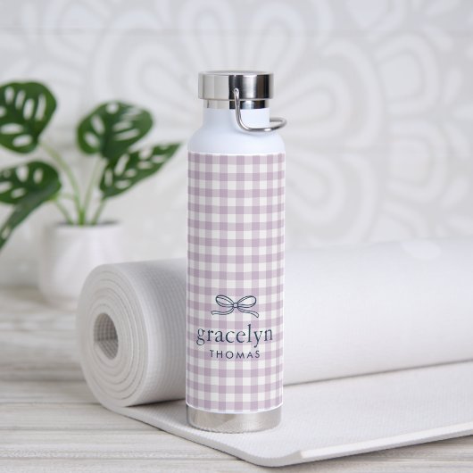 Bouteille D'eau Lila Violet Gingham Ruban Monogramme (Yoga (pivoté))