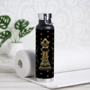 Bouteille D'eau MAMAN Reine de ma vie, Écriture Dorée Échecs Noirs