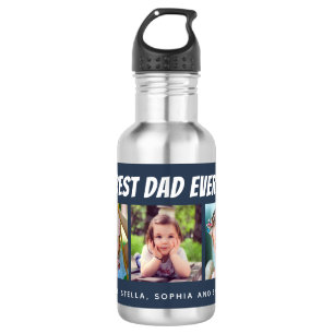 Bouteille D'eau Meilleur papa jamais   Trois photos bleu foncé