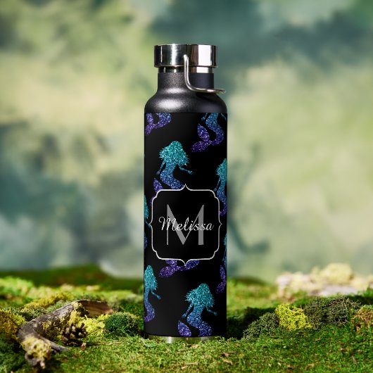 Bouteille D'eau Mermaid aqua blue ombre Sparkles pattern Monogram (Extérieur)