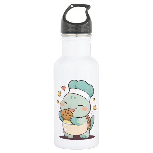 Bouteille D'eau Mignon Chef Tortue Mangeant un Cookie Design Kawai (Devant)