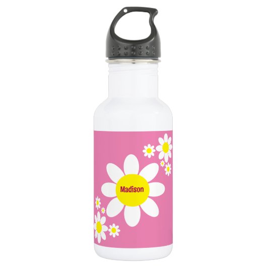 Bouteille D'eau Mignonne marguerites roses et blanches Floral Nom (Devant)