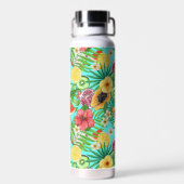 Bouteille D'eau Mix-fruit tropical, fleurs et feuilles en bleu (Arrière)
