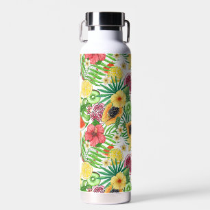 Bouteille D'eau Mix-fruit tropical, fleurs et feuilles sur blanc