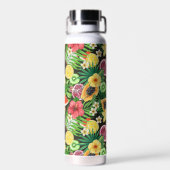 Bouteille D'eau Mix-fruits tropicaux, fleurs et feuilles en noir (Arrière)