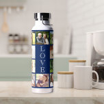 Bouteille D'eau Modern Love 10 Photo Collage Bleu<br><div class="desc">Une bouteille d'eau bleu marine pour célébrer votre famille ou d'autres que vous aimez avec un collage photo de 10 et "LOVE" écrit au milieu dans une élégante typographie blanche.</div>
