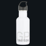Bouteille D'eau Moderne 2 Initiales   Nom Petit Gris et Blanc<br><div class="desc">Petite bouteille d'eau en métal blanc avec une impression personnalisée en gris simple et sobre, avec un nom neutre et un monogramme avec 2 lettres initiales que vous pouvez modifier à n'importe quelle police ou couleur pour concevoir une bouteille d'eau qui est parfaite pour un usage professionnel, sportif, scolaire et...</div>
