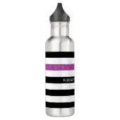 Bouteille D'eau Moderne Black Stripes FAUX Purple Glitz et nom (Gauche)