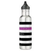 Bouteille D'eau Moderne Black Stripes FAUX Purple Glitz et nom (Droite)
