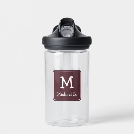 Bouteille D'eau Monogramme blanc et nom sur Dusty Burgundy (Avant)