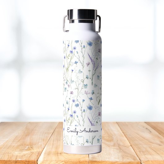 Bouteille D'eau Monogramme Bleu pourpre Joli Fleur sauvage Floral