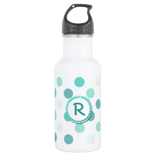 Bouteille D'eau Monogramme bleu vert de point de polka (Devant)