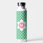 Bouteille D'eau Monogramme Custom Retro Daisis rose et vert (Gauche)
