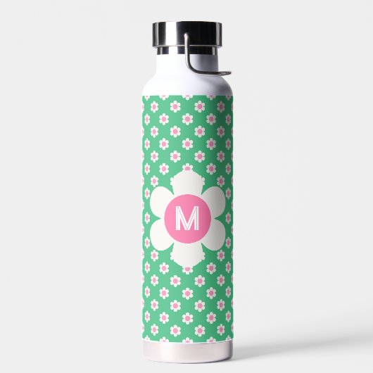Bouteille D'eau Monogramme Custom Retro Daisis rose et vert (Gauche)