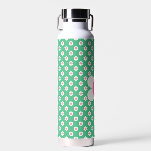 Bouteille D'eau Monogramme Custom Retro Daisis rose et vert (Avant)