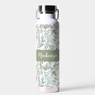 Bouteille D'eau Monogramme de nom aquarelle botanique bleu vert