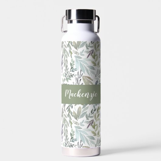 Bouteille D'eau Monogramme de nom aquarelle botanique bleu vert (Avant)