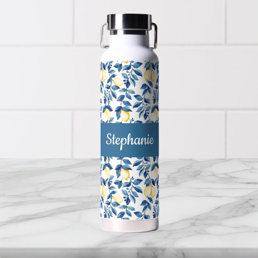 Bouteille D'eau Monogramme de nom aquarelle citron bleu