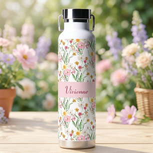 Bouteille D'eau Monogramme de nom aquarelle de fleur sauvage verte