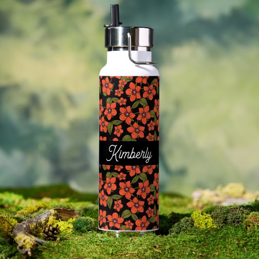Bouteille D'eau Monogramme de nom aquarelle florale rouge (Extérieur (pivotée))