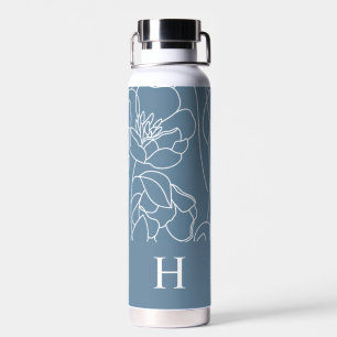 Bouteille D'eau Monogramme de nom de fleur sauvage moderne bleue