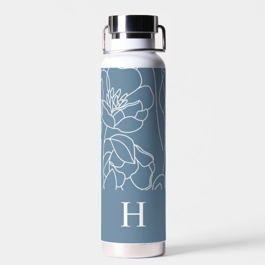Bouteille D'eau Monogramme de nom de fleur sauvage moderne bleue (Arrière)