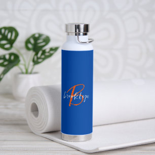 Bouteille D'eau Monogramme de nom de script orange blanc bleu coba
