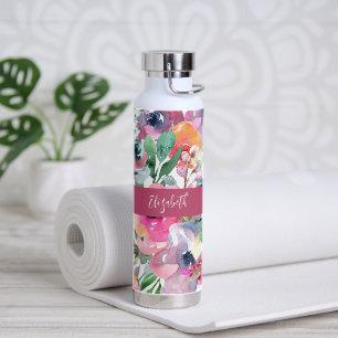 Bouteille D'eau Monogramme de nom floral aquarelle d'été