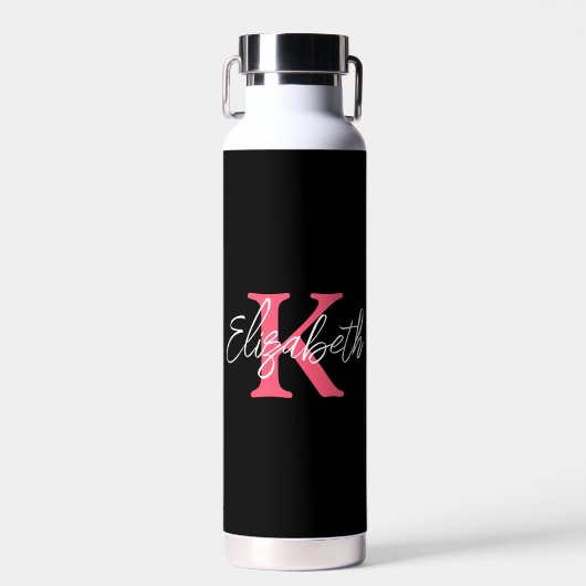 Bouteille D'eau Monogramme de nom initial noir rose blanc tendance (Avant)