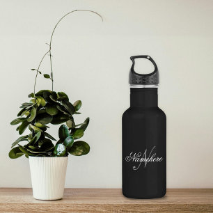 Bouteille D'eau Monogramme de nom noir et blanc personnalisé uniqu