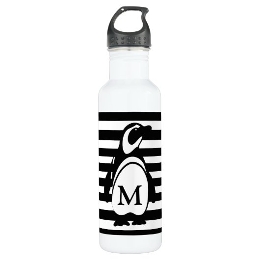 Bouteille D'eau Monogramme de pingouin noir et blanc et rayures (Devant)