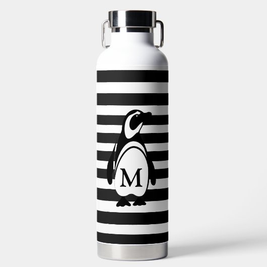 Bouteille D'eau Monogramme de pingouin noir et blanc et rayures (Avant)