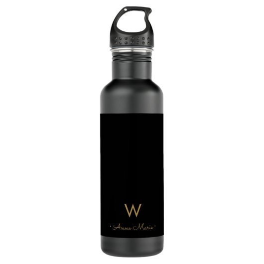 Bouteille D'eau Monogramme de script Black Gold moderne (Devant)