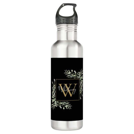 Bouteille D'eau Monogramme d'or noir personnalisé Vert Floral (Devant)