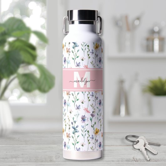 Bouteille D'eau Monogramme Féminin Bohème Botanique Script