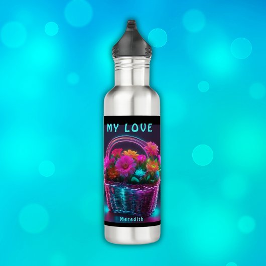 Bouteille D'eau Monogramme Fleurs de couleurs vives dans un panier