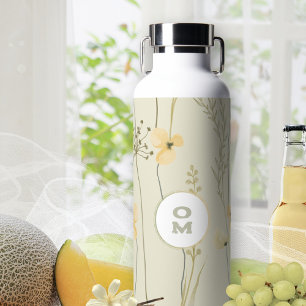 Bouteille D'eau Monogramme floral moderne clair jaune vert grand