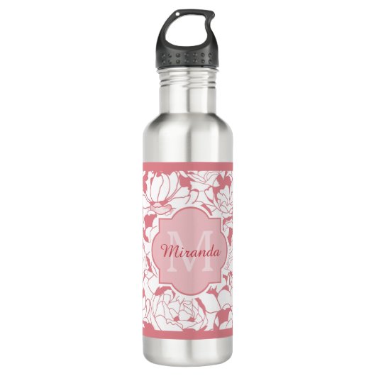 Bouteille D'eau Monogramme Floral Rose Lumière Moderne Avec Nom (Devant)