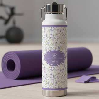 Bouteille D'eau Monogramme floral violet personnalisé