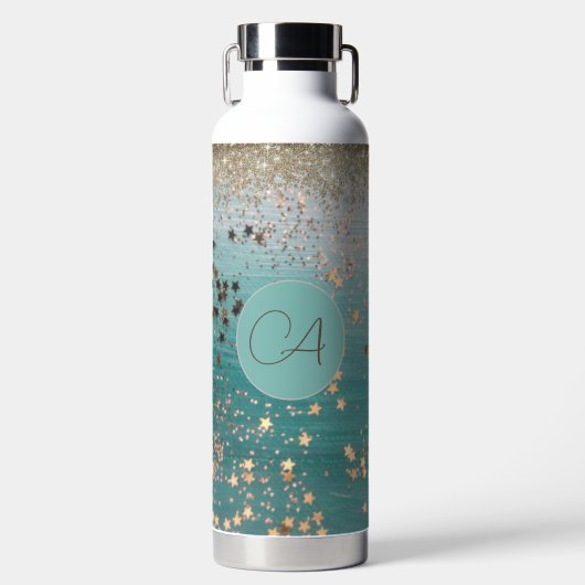 Bouteille D'eau Monogramme Gold Stars sur Turquoise (Avant)
