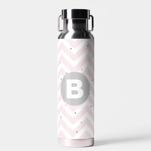 Bouteille D'eau Monogramme gris et chevron rose pastel et points (Avant)