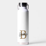 Bouteille D'eau Monogramme moderne élégant Nom Black Gold Script<br><div class="desc">La bouteille d'eau Black Gold Script Monogram Name, moderne et élégante, présente un design noir chic, complété par un script doré luxueux. La personnalisation avec un monogramme et un nom ajoute une touche unique, le rendant à la fois élégant et fonctionnel. Conçu à partir de matériaux de haute qualité, il...</div>