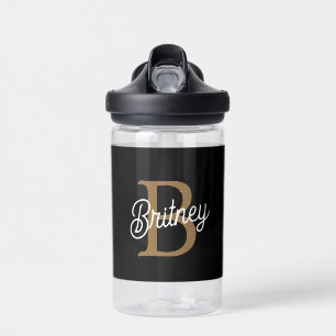 Bouteille D'eau Monogramme moderne élégant Nom Black Gold Script W