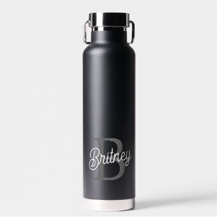 Bouteille D'eau Monogramme moderne élégant Nom noir Gris noir Scri
