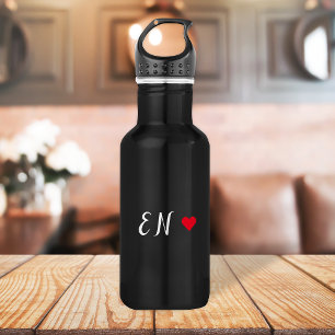Bouteille D'eau Monogramme Noir Coeur Rouge Script manuscrit