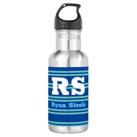 Bouteille D'eau Monogramme & nom en gras, Lt Lignes Turquoises sur (Devant)