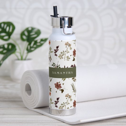 Bouteille D'eau Monogramme Nom Fleur Sauvage Bourgogne Vert (Yoga (pivotée))