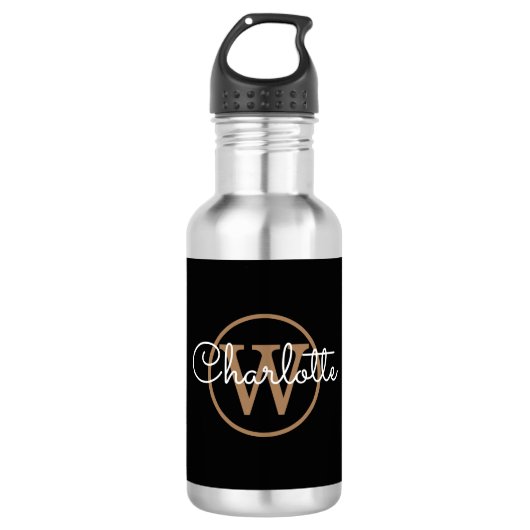 Bouteille D'eau Monogramme Or Moderne Écriture Noir (Devant)